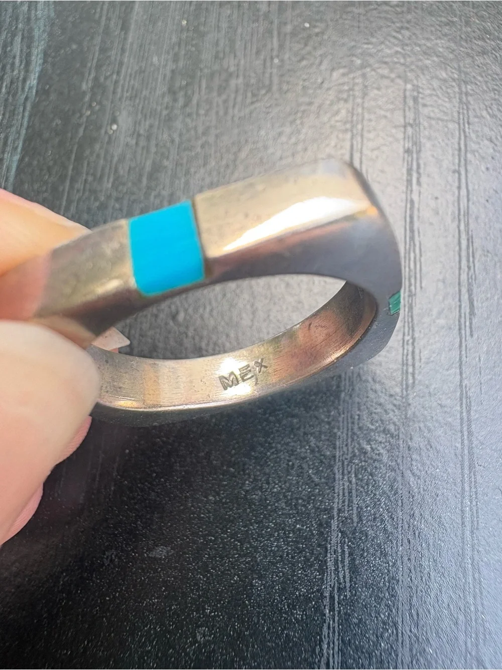 Square Mexico Silver Inlay Ring with Green and Turquoise Stones - Size 10.5